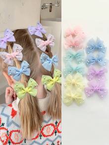 10pcs Mesh Pearls Bow Hair Clips, Colorful Bangs Clips For Daily Use
