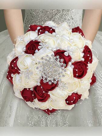 1pc Handmade Beaded Bridal Wedding Bouquet, Sparkling Silver Crystal Satin Ribbon Rose, Dark Red & Cream Fabric Preserved Flower, Artificial Fabric Rose Bouquet
