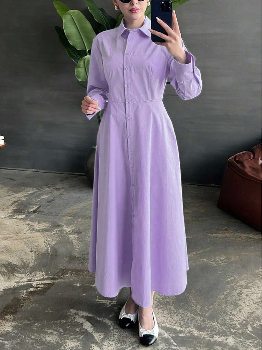 女款極簡翻領單排扣純色長洋裝,秋季休閒優雅修身顯瘦直筒長袖襯衫裙,戶外穿著,休閒日常穿搭,度假服飾,聖誕服裝 - 淡紫色 - 查看 1