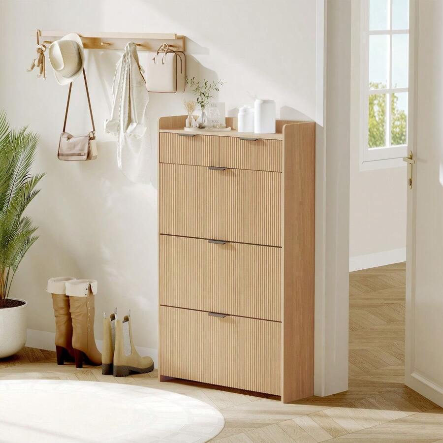 Slim 31.5" Fluted Shoe Storage Cabinet With 3 Flip-Down Compartments And Adjustable Shelf, Wooden Enclosed Shoe Rack, Freestanding Hidden Shoe Storage Organizer For Entryway And Hallway, Wood - Màu gỗ - Xem 1