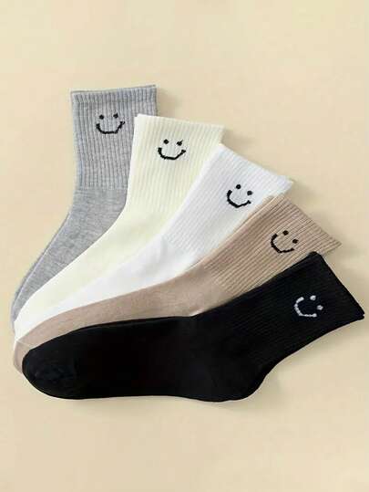 5 Pairs Women's Mid-Calf Socks - Cute Smiling Face Print, School Style Student Socks, Versatile For Casual And Formal Occasions, Adorable Socks