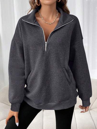 Plus Size Spring Women's Casual Solid Color, Half Zipper Pullover Top, Loose And Versatile Sports Sweatshirt