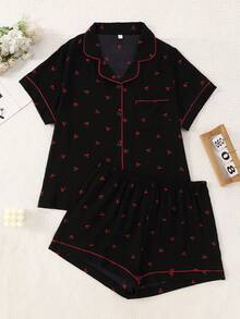 Plus Size Women Bubble Crinkle Cherries Print Short Sleeve Shirt & Shorts Pajama Set, Outfits