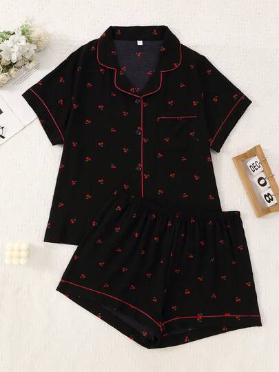 Plus Size Women Bubble Crinkle Cherries Print Short Sleeve Shirt & Shorts Pajama Set, Outfits