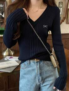女士V领罗纹修身套头毛衣，百搭长袖针织上衣