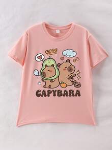 Camiseta de manga corta de cuello redondo con estampado de capibaras de dibujos animados para niña, informal para primavera y verano - Rosa - Ver 2