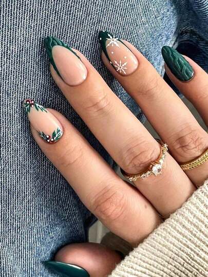 24-Piece Long Almond-Shaped Press On Nails, European And American French Glossy Christmas Nails, Simple Green Leaf Snowflakes, Reusable Design, Suitable For Women's Festivals, Travel, Parties