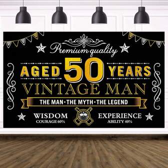 1pc Happy 50th Birthday Banner Decorations For Men, Black Gold Vintage 50 Birthday Backdrop Sign Party Supplies, Fifty Year Old Birthday Party Photo Booth Background Poster