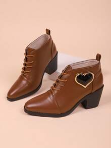 Botas de tobillo con tacón grueso y punta cuadrada con cordones en marrón para mujer, botas de tobillo con decoración de tacón medio, botas con cordones de moda, adecuadas para primavera y otoño - Marrón - Ver 7