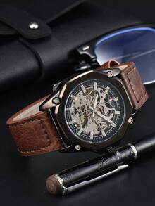 LONGLUX 1 pieza Reloj de pulsera casual para hombres con correa automática, mecánica y resistente al agua - Café integral - Ver 5