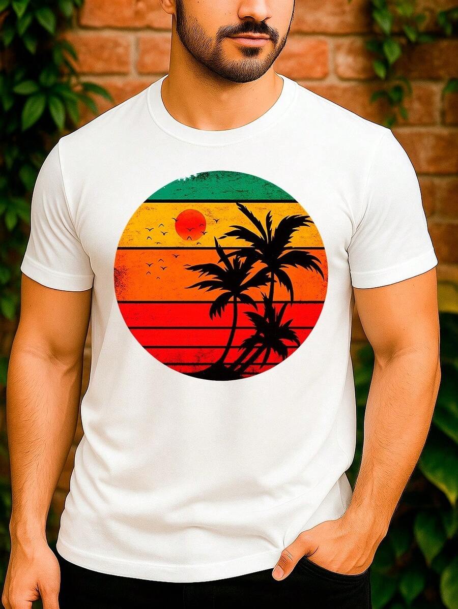 Camiseta Pôr do sol Palmeiras Praia Coqueiro Básica Unissex 100% Algodão Premium – Masculino e Feminino | Casual, Streetwear, Plus Size, Lançamento com Envio Imediato em Várias Cores - Branco - Visão 1