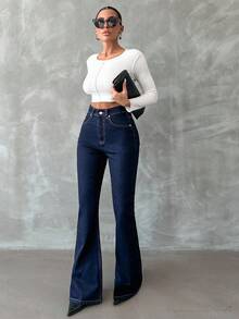 Elegantes jeans ajustados largos de mezclilla para mujer con botones de tela elástica y bolsillos con cremallera para un look informal. - Azul Marino - Ver 5