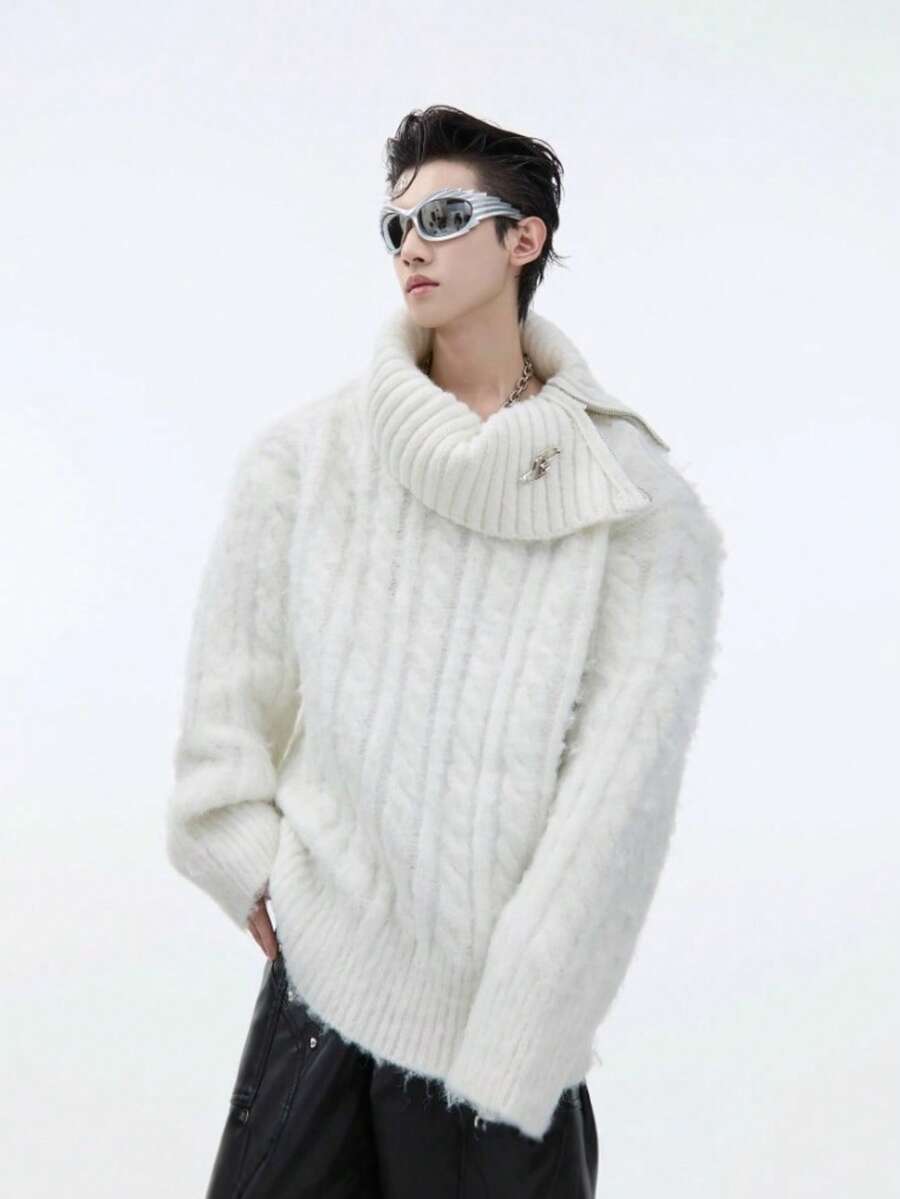Winter New High Neck Twisted Flower Thick Wool Knitted Sweater Men's Loose Fashion Top - 白色 - 查看 1