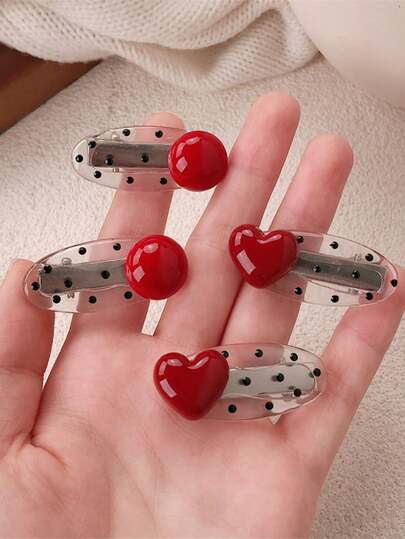 Set de 4 pinzas para el cabello con forma de corazón y diseño de dibujos animados, pinzas para el cabello con lunares lindos, pinzas para el flequillo lateral