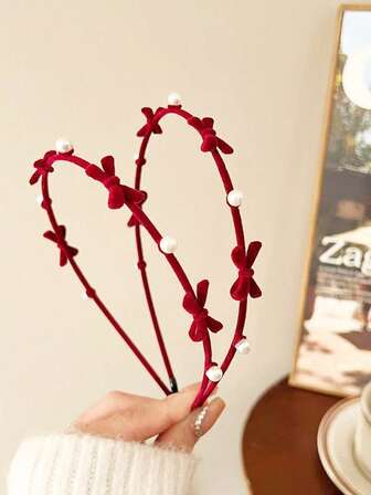 1pc Children's Colorful Flower, Pearl & Bow Flocked Headband, Cute & Sweet For Girls, Suitable For Daily Wear, Holiday Parties, Christmas Gift