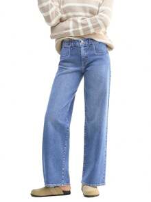 Y2K Straight Leg Baggy Jeans Women, Mid Rise Stretchy Loose Fit Casual Denim Pants Vintage Distressed  Pockets - 淺藍色 - 查看 5