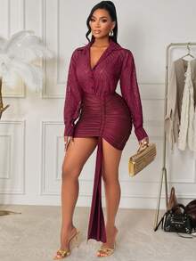 AIJ Amarilo Women's Autumn/Winter Elegant Party Ensemble Seductive Long-Sleeved Blouse With Jacquard Fabric Paired With Pleated Panel Bodycon Skirt Two Pieces Set - Dark Red - View 6