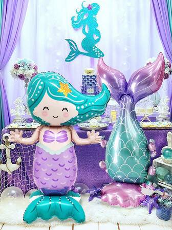 1 个站立美人鱼气球，带有珍珠贝壳海星设计，站立美人鱼尾巴和紫色/蓝色美人鱼铝箔气球，非常适合生日派对氛围、室内/室外装饰、活动道具、美人鱼派对装饰、海洋/水下派对、美人鱼公主生日
