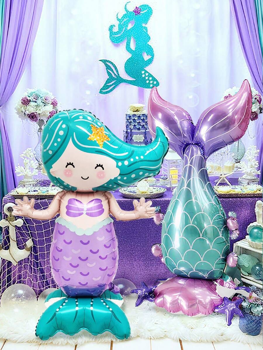 1個站立式美人魚箔氣球附站立尾巴,紫色與藍色美人魚氣球,適用生日派對、室內/戶外裝飾、活動禮品道具、美人魚派對裝飾、海洋派對裝飾 - 彩色 - 查看 1