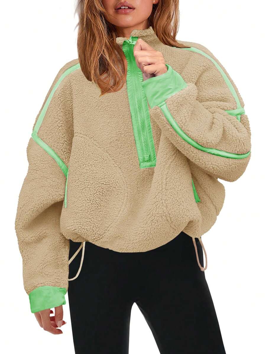 Women's Viral Sherpa Pullover Oversized Half Zip Sweatshirt | Cozy Y2K Winter Loungewear With Pocket Tumbler Fit - màu nâu - Xem 1