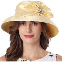 Church Hats For Women Derby Hats 1950s 20s With Rhinestone Wide Brim - 黃色 - 查看 9