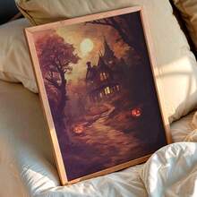 1pc Scary Halloween Canvas Art - Pumpkin And Poster, Gothic Vintage Wall Decor, Retro Yard And Church Tombstone Design, Unframed, Suitable For Home Decor, Room Decor, Bedroom Decor, Living Room Decoration, Bathroom Decor - Halloween Autumn Wall Decor, Optional Wall Art With Frame