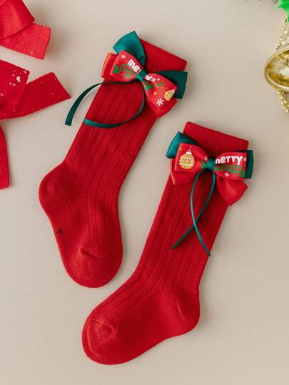 1 Pair Baby Girls' Soft & Comfortable Bow Decor Princess Style Knee-High Socks, Cute & Lovely, Suitable For Chinese New Year, Christmas, Holidays And Daily Wear