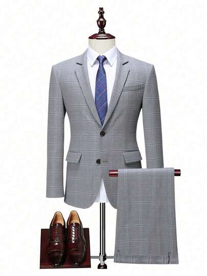 2 piezas Conjunto de traje de hombre, chaqueta blazer cruzada a cuadros y pantalones, vestimenta formal casual para boda, fiesta, banquete