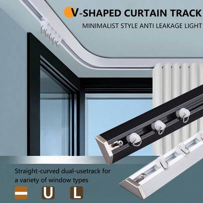 1 Set Of Aluminum V-Shaped Invisible Ultra-Thin Curtain Track - Adjustable Spliced Shower Curtain Track, Ceiling Or Wall-Mounted Curtain Sliding Monorail, Silent Sliding, Suitable For Home And Bathroom (Color: White) Bathroom Accessories Bathroom Tools