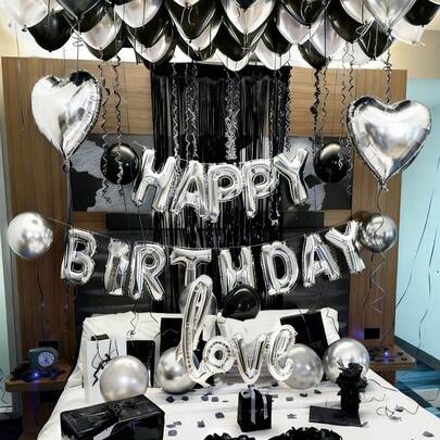 551pcs Silver & Black Birthday Decoration Set | 500 Nonwoven Fabric Petals, Happy Birthday Banner Letters + Love & Heart Foil Balloons | Thick Latex Balloons, Dark Aesthetic Party Background, Suitable For Romantic Bedroom Decor, Midnight Surprise Birthday Party Decor, Influencer Photo Backdrop