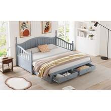 Solid Wood Pull-Out Sofa Bed 90/180*190 Cm, With Roman Columns, With Curved Backrest And Armrests, With Drawers And Slatted Frame, Multifunctional Bed Made Of Pinewood, Grey - Grey + Wood + 90cm*190cm - View 4