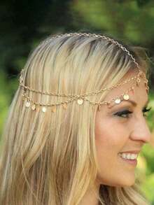 Boho Head Chain Gold Sequins Headbands Chain Layered Bridal Headpiece Jewelry Festival Halloween Wedding Hair Accessories For Women, Hair Jewellery - 金子 - 查看 3