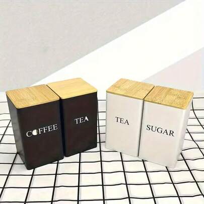 1 Stück Tee, Kaffee & Zucker Kombinations-Vorratsdosen mit Bambusdeckeln, Metall Teedosen - Luftdichte Aufbewahrungsbehälter für Teeblätter, Kaffee, Fruchtaufgüsse, Süßigkeiten, Gewürze und mehr | 15 cm x 8,5 cm x 8,5 cm Küchenorganizer