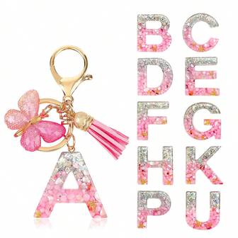 Women's Personalized Glittery Letter Combination Keychain - Resin Letter Pendant With Silver Sparkle, Pink Pebble And Gold Star Shaker - Birthday Gift For Her, Anniversary Gift With Pink Tassel And Butterfly Decor, Car Accessories, School, Cute Y2K Goth Christmas Bag Charms Car Accessories Teacher Friend Sister Gift Ideas