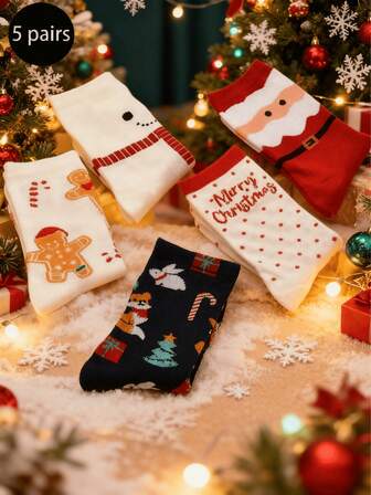 5 Pairs Of Women's Cartoon Christmas Socks, Christmas Reindeer Socks, Suitable For Christmas, Birthdays, Thanksgiving, The Spring Festival, Family Gatherings And Other Occasions, Ideal Christmas Gifts For Friends, Autumn & Winter Style