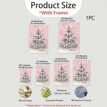 Un cuadro con marco de madera que representa un árbol de Navidad adornado con lazos rosas, adecuado como arte decorativo para la sala de estar, el dormitorio y