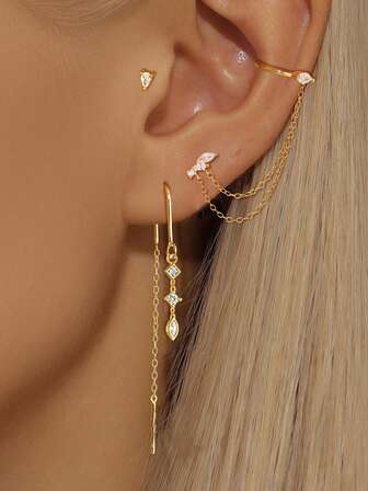 3 st perfekta 24K guldpläterade kubiska zirkonia droppörhängen för kvinnor zirkoniakedja tofsörhängen set