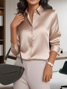 HOMEYEE 女士纯色纽扣长袖优雅职业领衬衫，适合商务穿着 - 卡其色 - 查看 11