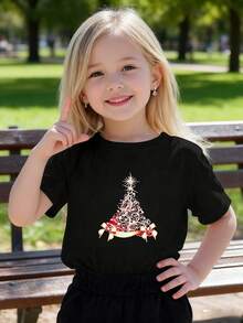Playeras de niño Árbol de Navidad con Cintas y Estrellas camisas para niño tops para adolescentes Regalos navideños Camisetas de niña Camiseta de Halloween para niñas Camisetas navideñas Camisetas para niños y niñas La tela es suave, transpirable y cómoda, hecha de puro algodón. - Negro - Ver 1