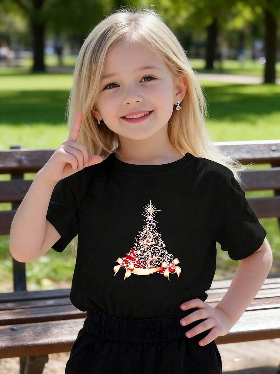 Playeras de niño Árbol de Navidad con Cintas y Estrellas camisas para niño tops para adolescentes Regalos navideños Camisetas de niña Camiseta de Halloween para niñas Camisetas navideñas Camisetas para niños y niñas La tela es suave, transpirable y cómoda, hecha de puro algodón. - Negro - Ver 1