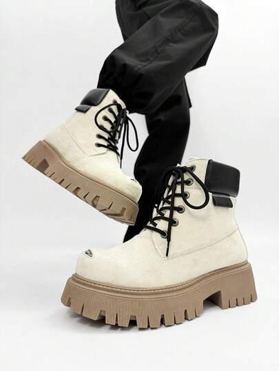 SLnU3 3pcs Men's Fashion High-Quality Casual Thick-Sole Elevated Boots, Dopamine Color, Minimalist Design, Punk Hip-Hop British Street Style, Versatile For All Seasons