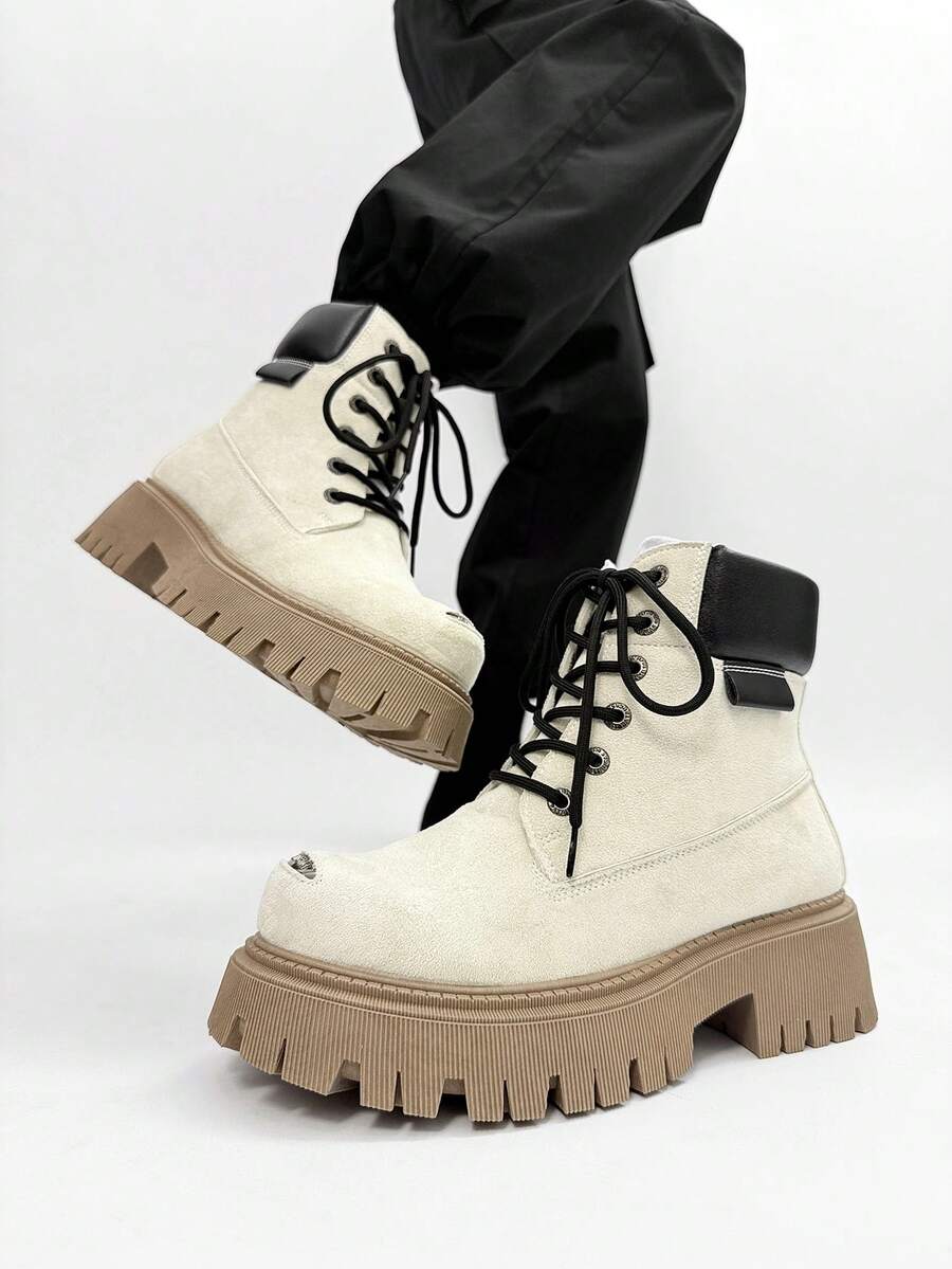 SLnU3 3pcs Men's Fashion High-Quality Casual Thick-Sole Elevated Boots, Dopamine Color, Minimalist Design, Punk Hip-Hop British Street Style, Versatile For All Seasons