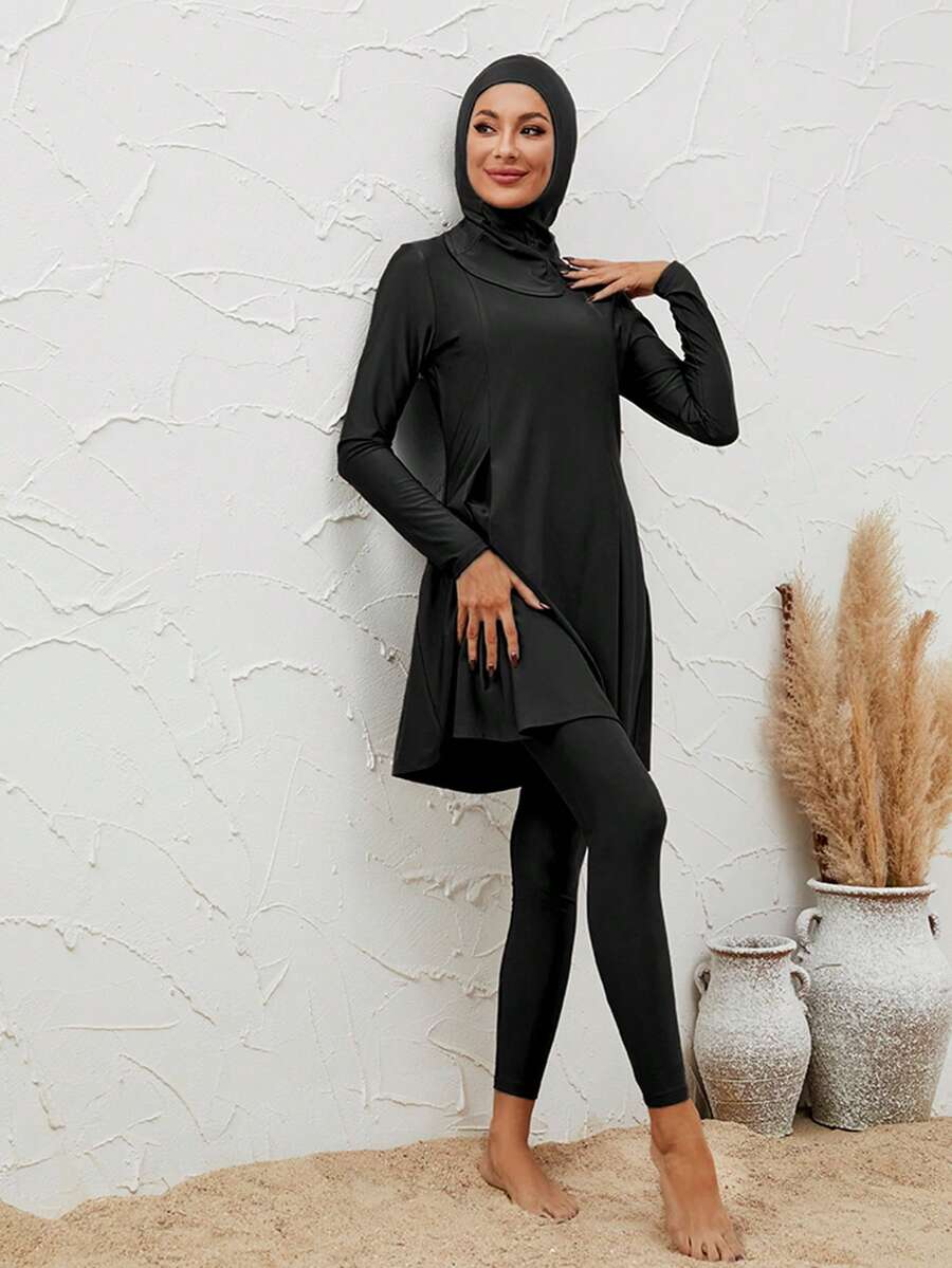 VFJ 布基尼穆斯林女士泳衣纯色伊斯兰咖啡色长袖三件套沙滩度假泳装带帽子