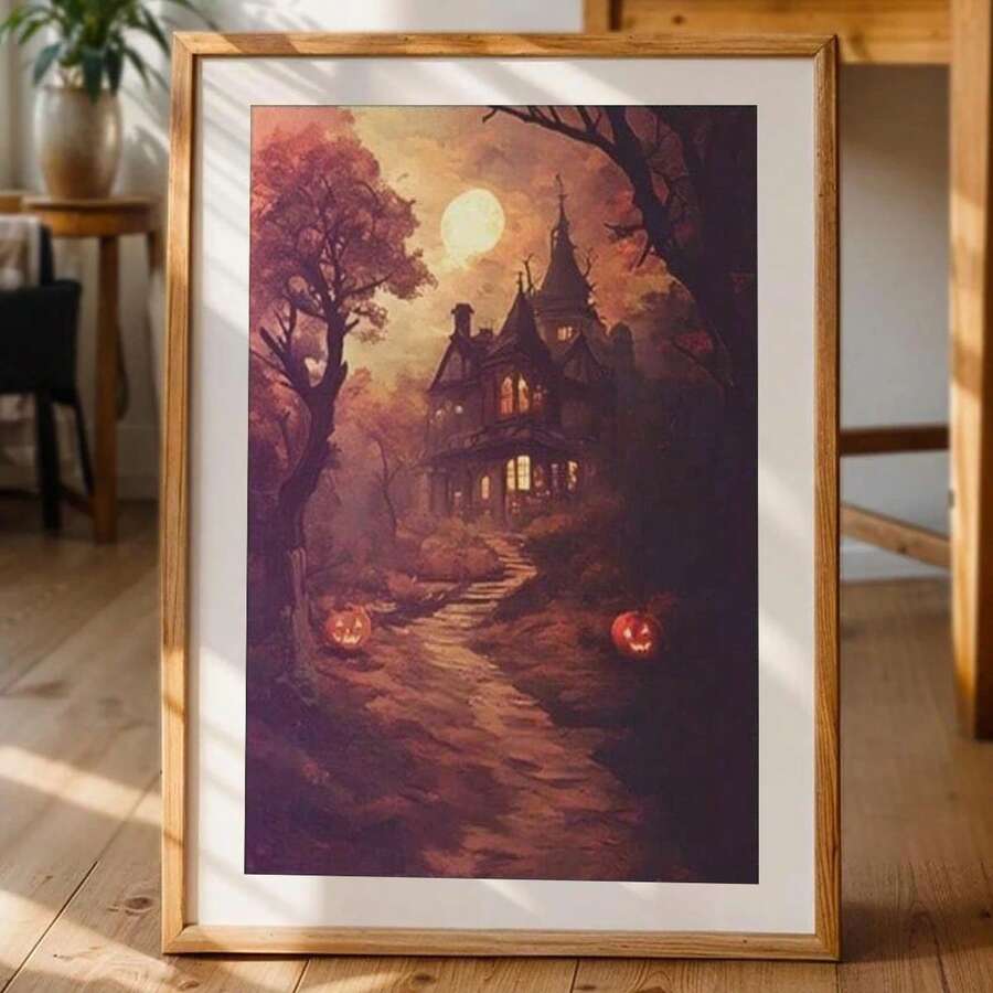 1pc Scary Halloween Canvas Art - Pumpkin And Poster, Gothic Vintage Wall Decor, Retro Yard And Church Tombstone Design, Unframed, Suitable For Home Decor, Room Decor, Bedroom Decor, Living Room Decoration, Bathroom Decor - Halloween Autumn Wall Decor, Optional Wall Art With Frame