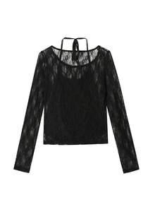 2pcs/Set Lace Trim Halter Tie Back Camisole T-Shirt, Sweet & Spicy Sheer Lightweight Summer New Arrival, Random Fabric - Black - View 4