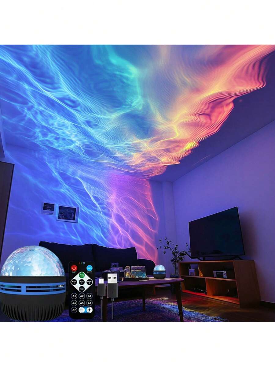 1 pieza Proyector de olas - Alimentado por USB con efecto de olas, control remoto, ajustable, crea ambiente de olas oceánicas, adecuado como juguete, regalo, presente de cumpleaños, para sala de juegos, dormitorio, sala de estar, decoración de fiesta