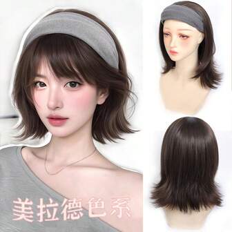 女士布艺头带短锁骨卷发假发，可拆卸头带