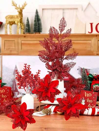 2 buc, decorațiuni pentru bradul de Crăciun, flori de Crăciun Poinsettia roșii cu cleme și fructe de pădure artificiale cu sclipici, pentru decorarea petrecerii de Crăciun/decorațiuni pentru casă de ziua de naștere și Anul Nou