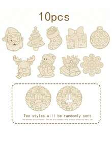 10 قطعة من شرائح الخشب المطلية باليد للزينة الكريسماسية DIY، تشمل 1 ملصق من الراين، 12 قلم ملون، لوح خشبي مقطع بالليزر كزينة شجرة ، قلادة للرسم للأطفال