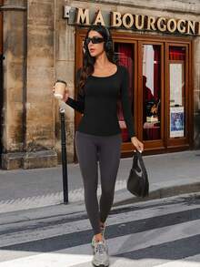 1pc Autumn/Winter Warm Crew Neck Long Sleeve Base Layer, Slim Fit Casual Activewear Yoga Outerwear Versatile Undershirt - Black - View 5